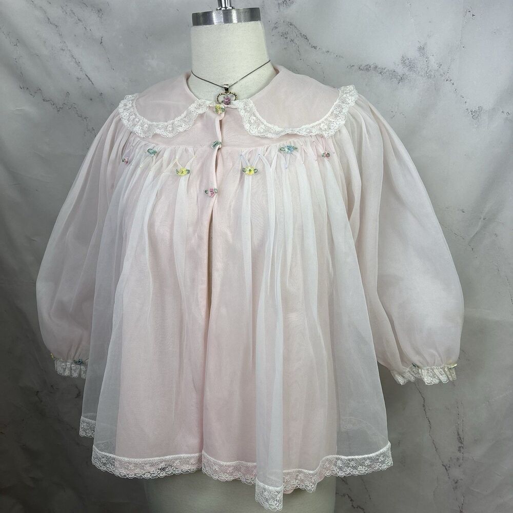 Vintage 60s Dainty Chiffon Bed Jacket Flower Pink pastel Cottage Soft Girl MCM M - Picture 6 of 16
